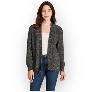 NWT Falls Creek Black Speckled Knit Cardigan L Tie Hem Long Sleeve Soft Drape
